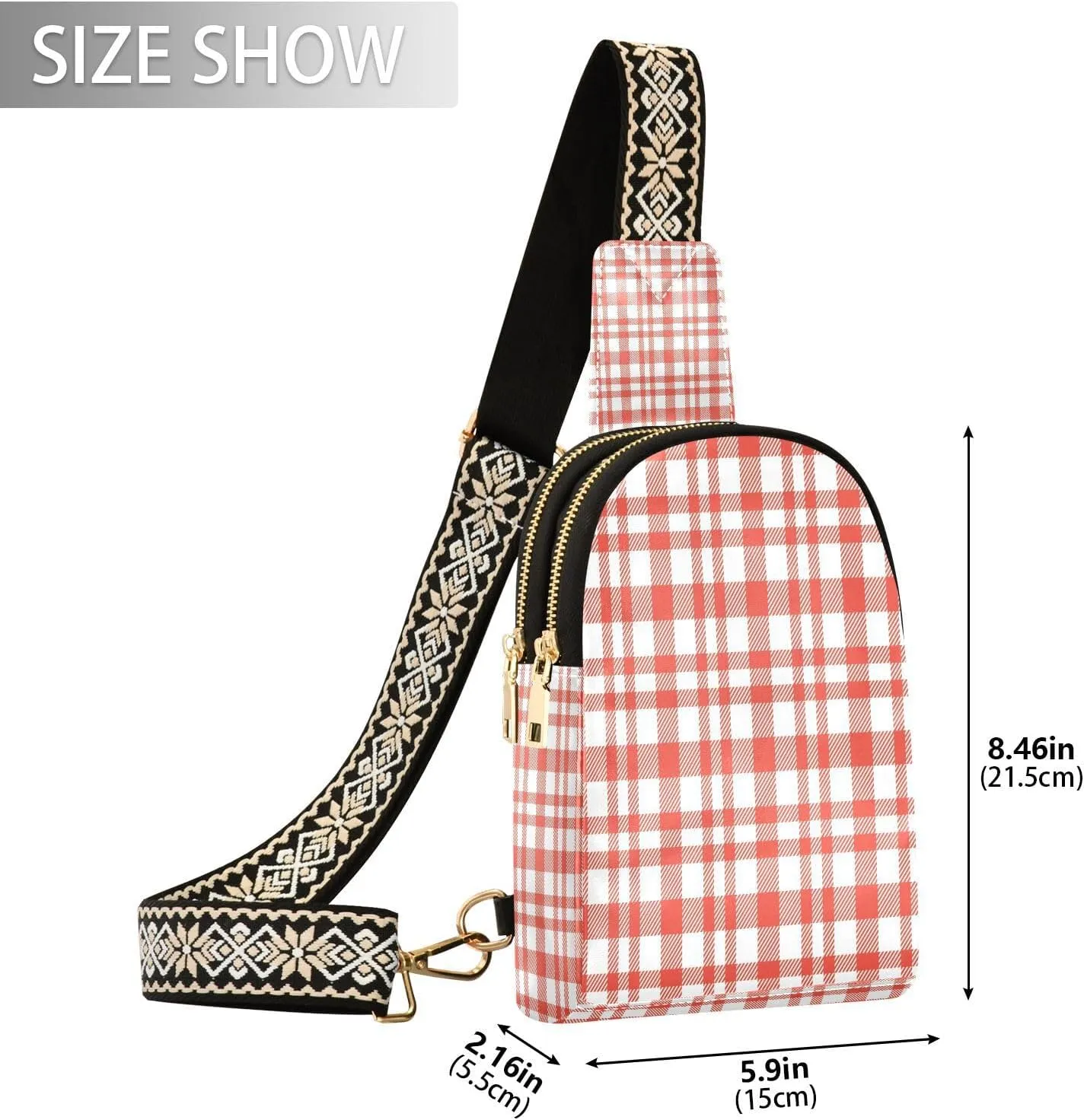 Small Sling Bag for Women Crossbody Red Plaid Trendy Crossbody Bag Fanny Pack with Guitar Strap Leather Chest Bag for Women Fanny Pack Travel Outdoor Outfit