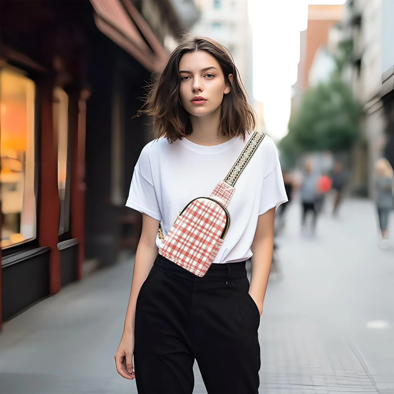 Small Sling Bag for Women Crossbody Red Plaid Trendy Crossbody Bag Fanny Pack with Guitar Strap Leather Chest Bag for Women Fanny Pack Travel Outdoor Outfit