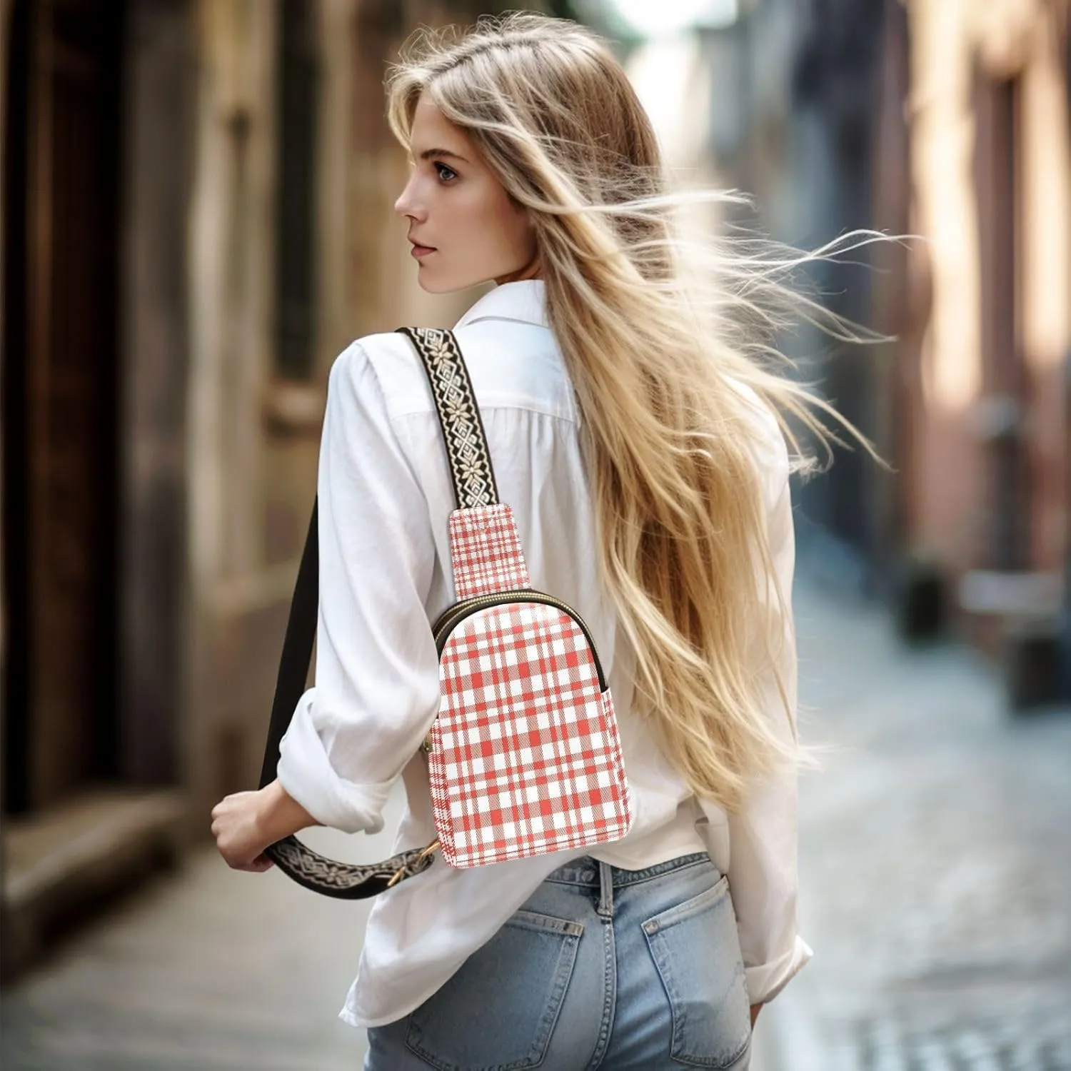 Small Sling Bag for Women Crossbody Red Plaid Trendy Crossbody Bag Fanny Pack with Guitar Strap Leather Chest Bag for Women Fanny Pack Travel Outdoor Outfit