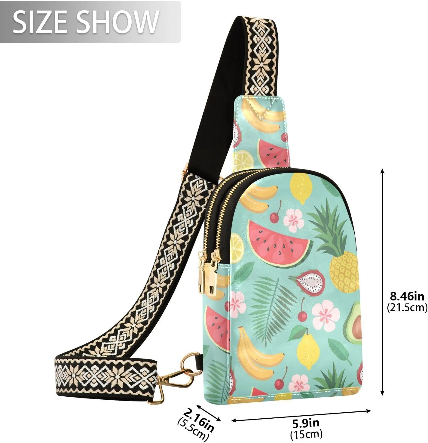 Small Sling Bag for Women Summer Cartoon Fruit Leather Fanny Pack Crossbody Bag Flower Fruit Leaves Chest Bag Trendy Fashion Waist Packs for Outdoor Travel Sports Hiking