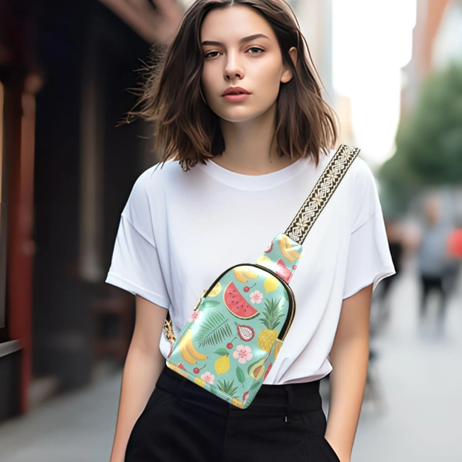 Small Sling Bag for Women Summer Cartoon Fruit Leather Fanny Pack Crossbody Bag Flower Fruit Leaves Chest Bag Trendy Fashion Waist Packs for Outdoor Travel Sports Hiking