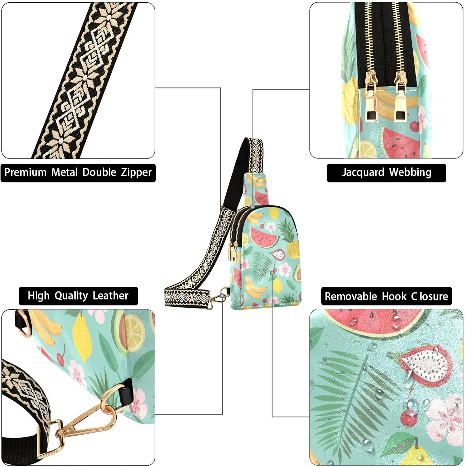 Small Sling Bag for Women Summer Cartoon Fruit Leather Fanny Pack Crossbody Bag Flower Fruit Leaves Chest Bag Trendy Fashion Waist Packs for Outdoor Travel Sports Hiking