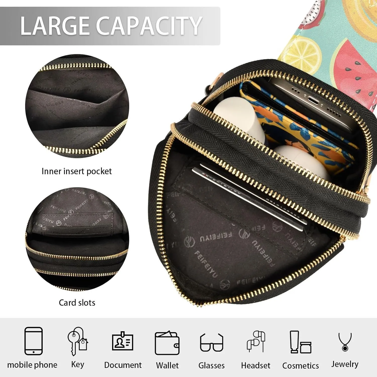 Small Sling Bag for Women Summer Cartoon Fruit Leather Fanny Pack Crossbody Bag Flower Fruit Leaves Chest Bag Trendy Fashion Waist Packs for Outdoor Travel Sports Hiking