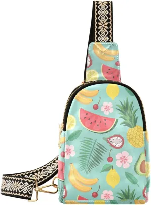 Small Sling Bag for Women Summer Cartoon Fruit Leather Fanny Pack Crossbody Bag Flower Fruit Leaves Chest Bag Trendy Fashion Waist Packs for Outdoor Travel Sports Hiking