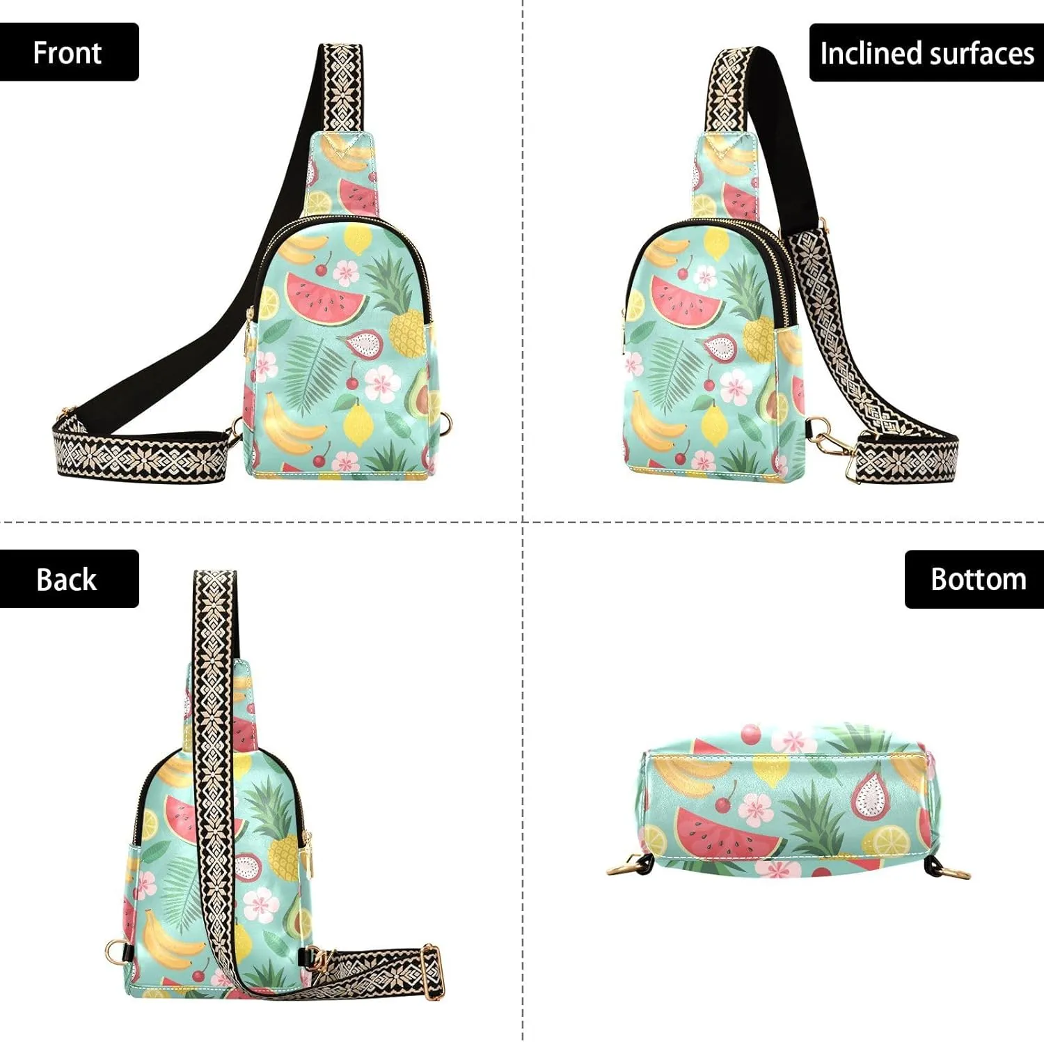 Small Sling Bag for Women Summer Cartoon Fruit Leather Fanny Pack Crossbody Bag Flower Fruit Leaves Chest Bag Trendy Fashion Waist Packs for Outdoor Travel Sports Hiking