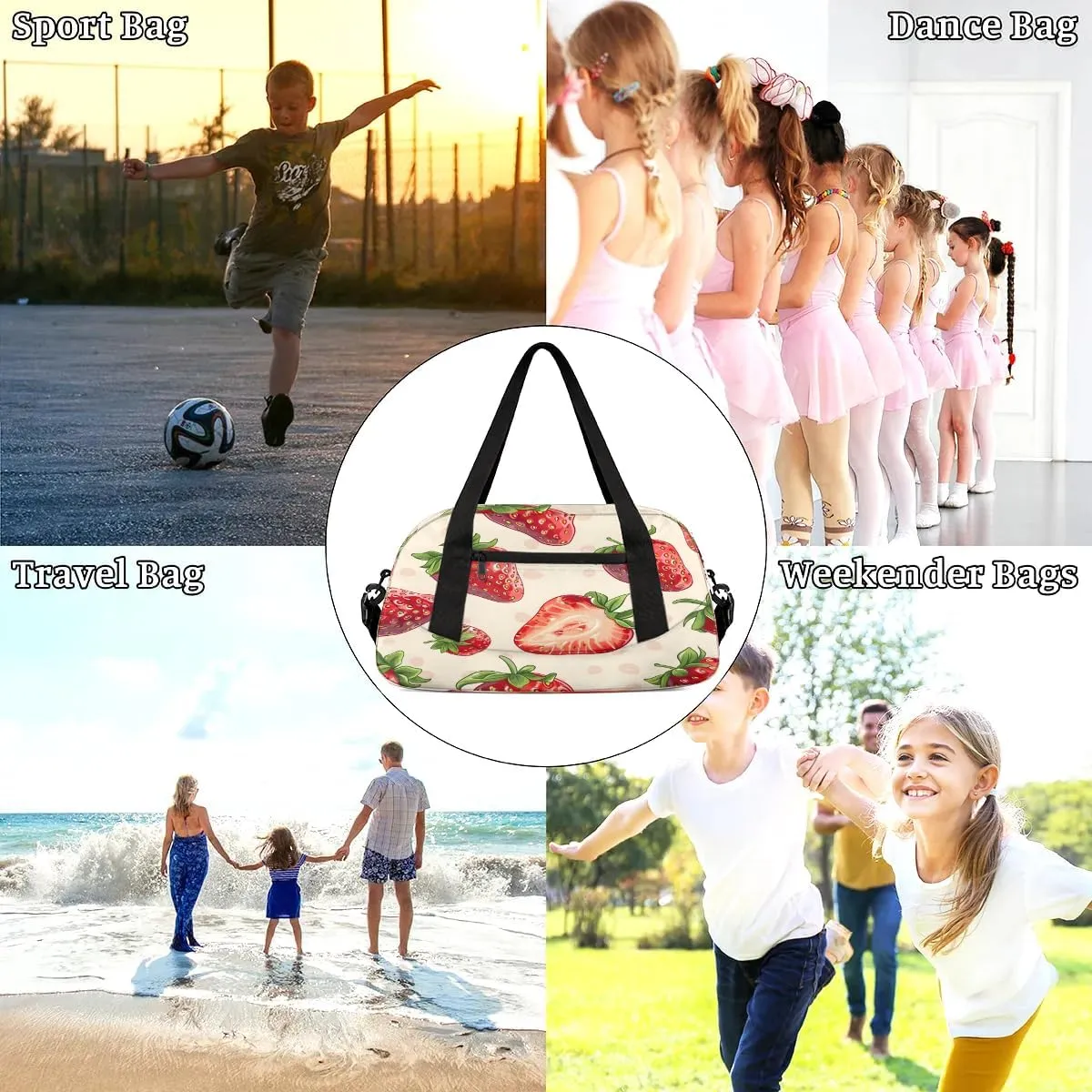 Sport Duffel Bag Sweet Strawberries Kids Gym Bag Weekender Overnight Bags for Boys Girls Teens Carry On Workout Travel Bag