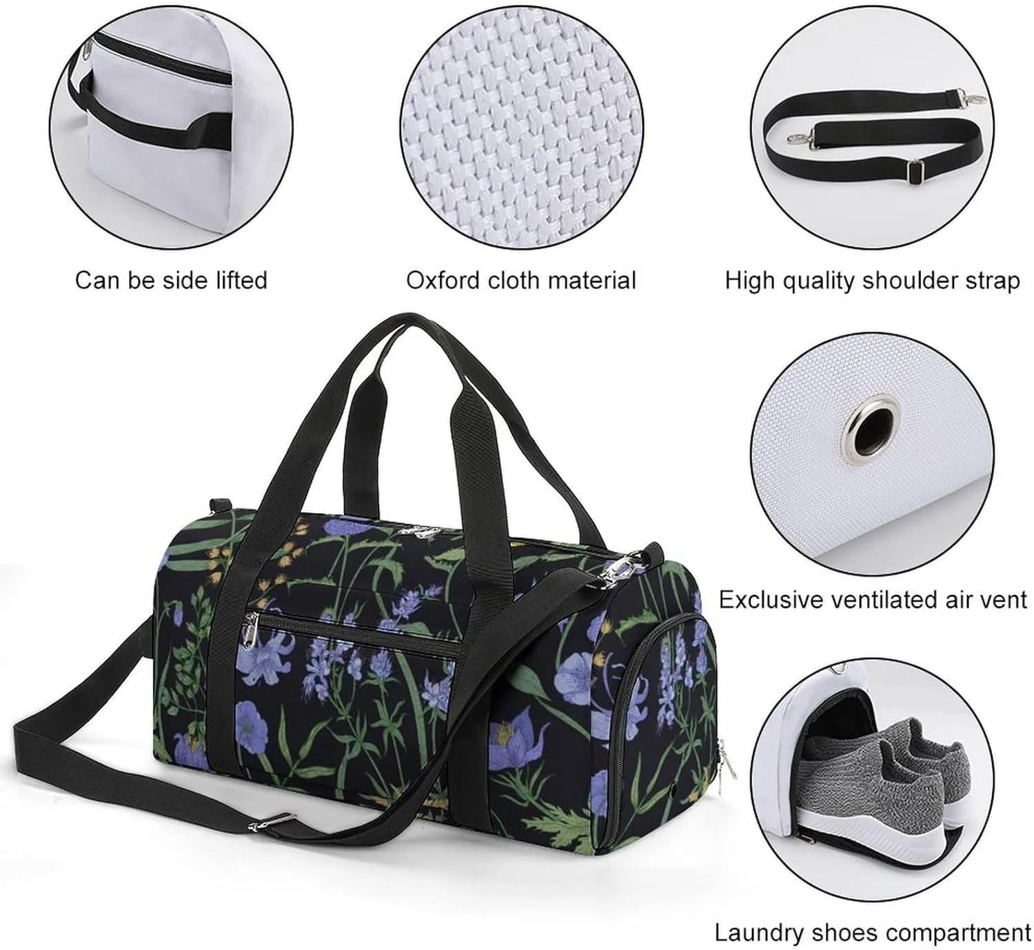 Sport Gym Duffel with Shoe Compartment Wet Pocket, Plants-wildflowers-print Shoulder Travel Bag for Women Men