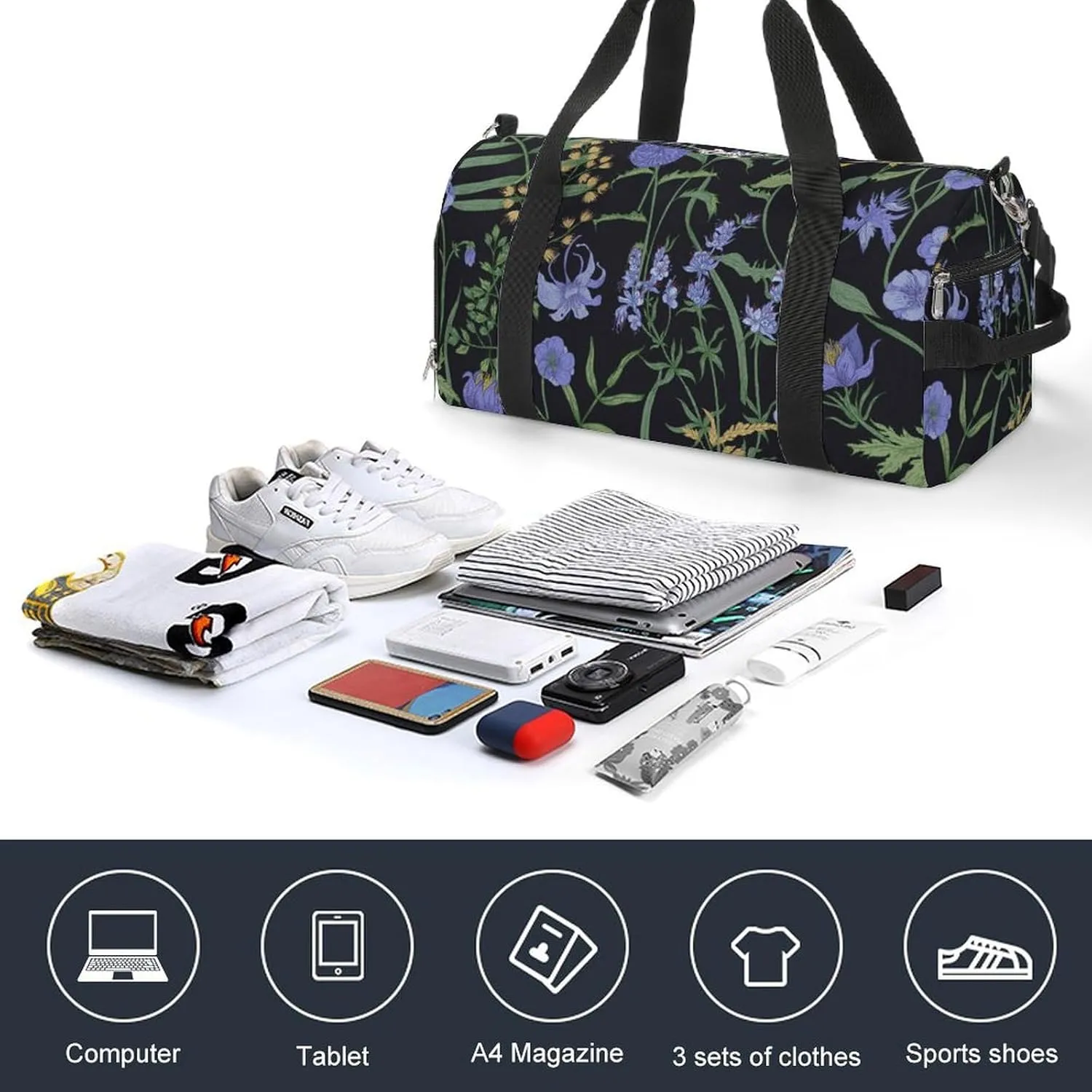 Sport Gym Duffel with Shoe Compartment Wet Pocket, Plants-wildflowers-print Shoulder Travel Bag for Women Men