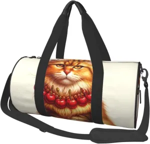 Sports Duffel Bag Cat-Wearing-Cherry-Necklace Foldable Travel Tote Bag Weekender Sleepover Carry On Bag