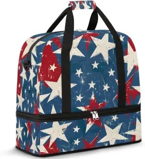 Sports Duffel Bag, Foldable 4th of July Travel Duffel Bag, Gym Yoga Beach Bag Weekender Overnight Bag with Shoes Compartment for Men Women, USA Flag Stars