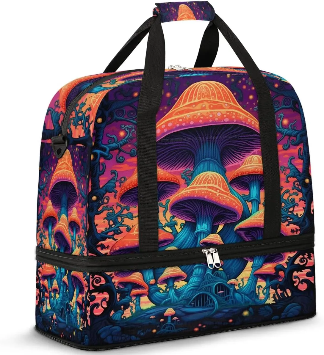 Sports Duffel Bag, Foldable Fantasy Mushroom Travel Duffel Bag, Gym Yoga Beach Bag Weekender Overnight Bag with Shoes Compartment for Men Women, Mushroom
