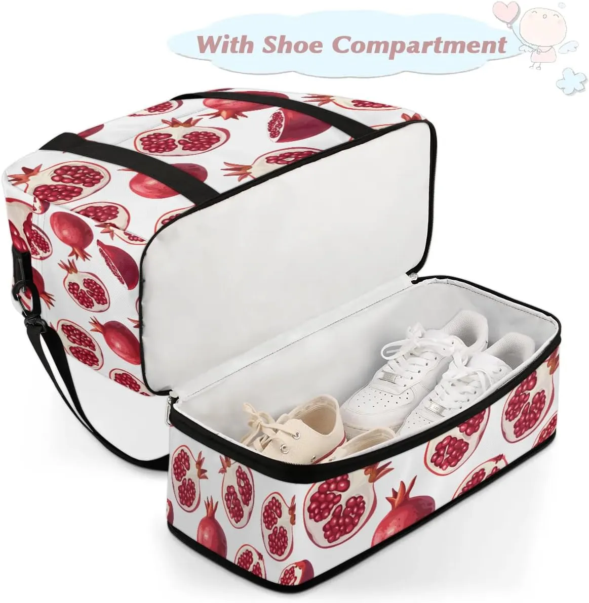 Sports Duffel Bag, Foldable Fruit Pomegranate Travel Duffel Bag, Gym Yoga Beach Bag Weekender Overnight Bag with Shoes Compartment for Men Women, Pomegranate