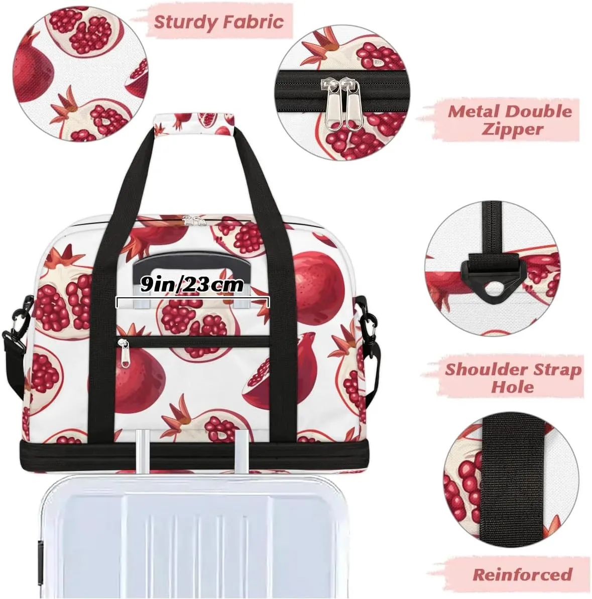 Sports Duffel Bag, Foldable Fruit Pomegranate Travel Duffel Bag, Gym Yoga Beach Bag Weekender Overnight Bag with Shoes Compartment for Men Women, Pomegranate