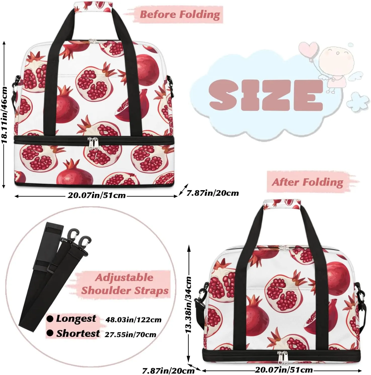 Sports Duffel Bag, Foldable Fruit Pomegranate Travel Duffel Bag, Gym Yoga Beach Bag Weekender Overnight Bag with Shoes Compartment for Men Women, Pomegranate