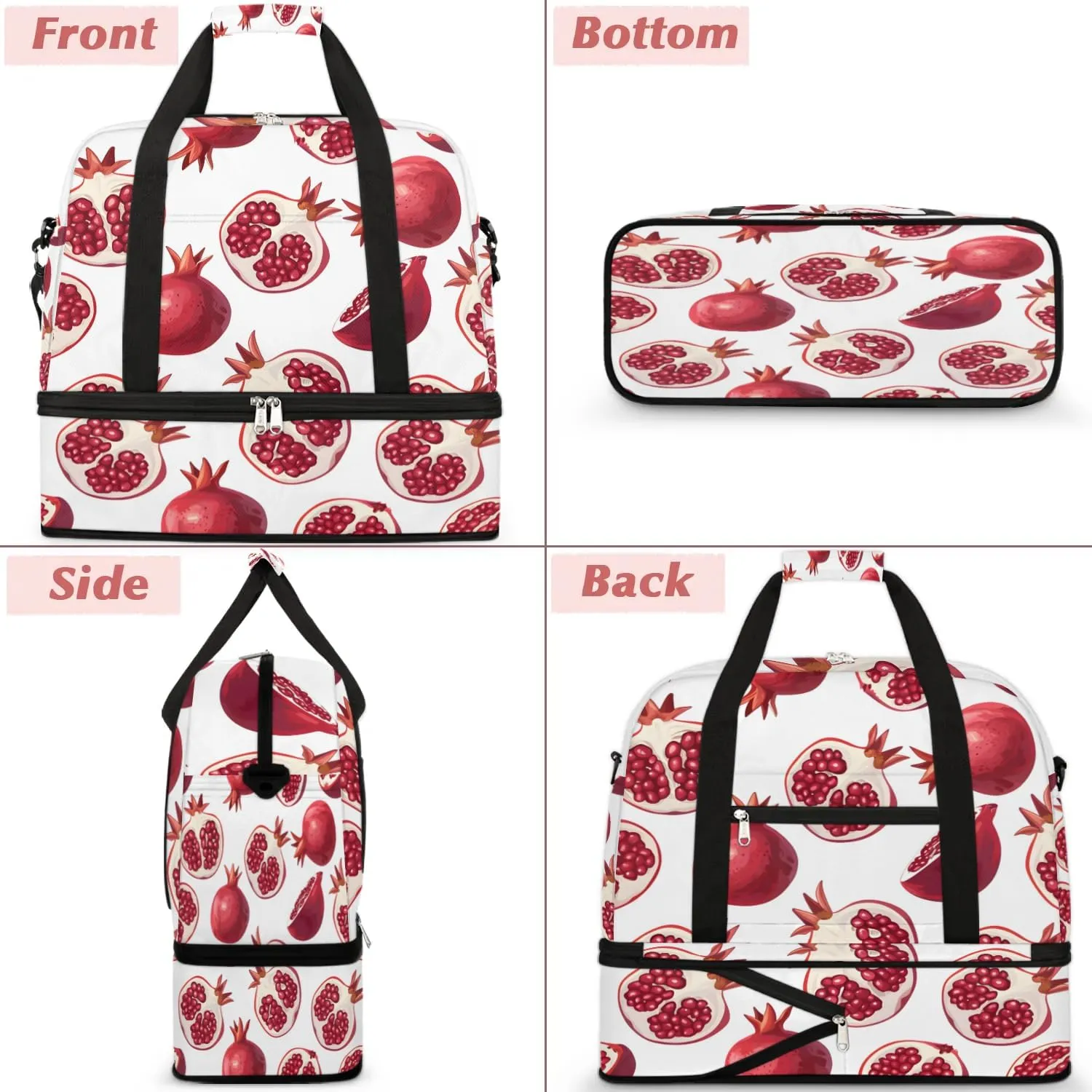 Sports Duffel Bag, Foldable Fruit Pomegranate Travel Duffel Bag, Gym Yoga Beach Bag Weekender Overnight Bag with Shoes Compartment for Men Women, Pomegranate