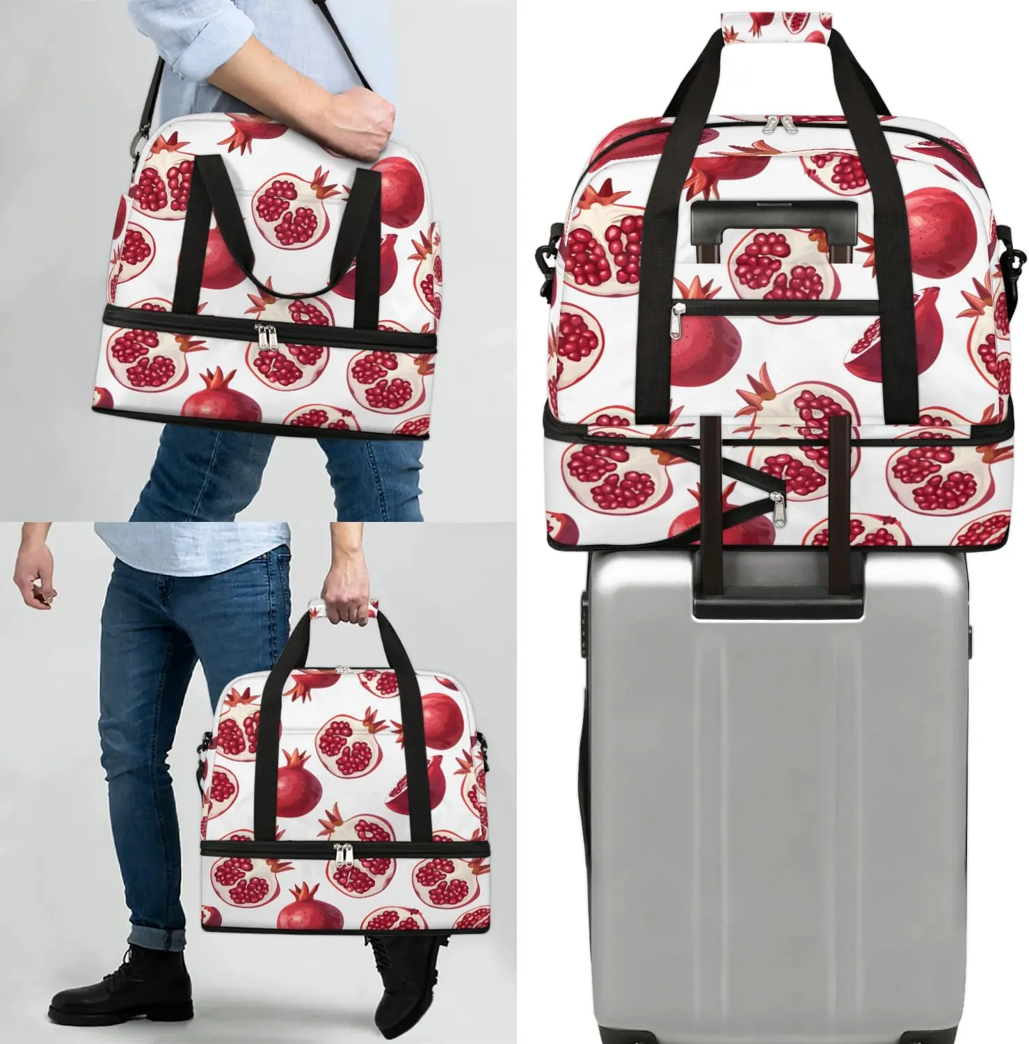 Sports Duffel Bag, Foldable Fruit Pomegranate Travel Duffel Bag, Gym Yoga Beach Bag Weekender Overnight Bag with Shoes Compartment for Men Women, Pomegranate