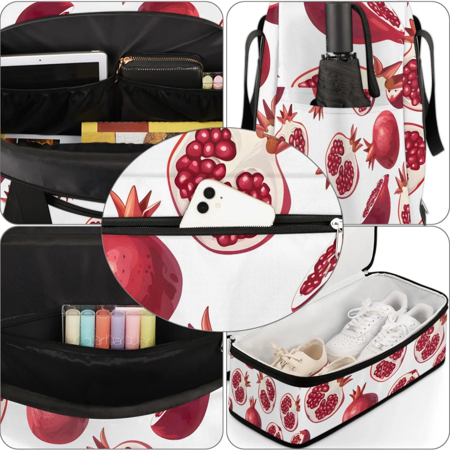 Sports Duffel Bag, Foldable Fruit Pomegranate Travel Duffel Bag, Gym Yoga Beach Bag Weekender Overnight Bag with Shoes Compartment for Men Women, Pomegranate