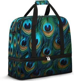 Sports Duffel Bag, Foldable Peacock Feathers Travel Duffel Bag, Gym Yoga Beach Bag Weekender Overnight Bag with Shoes Compartment for Men Women, Beautiful Feathers