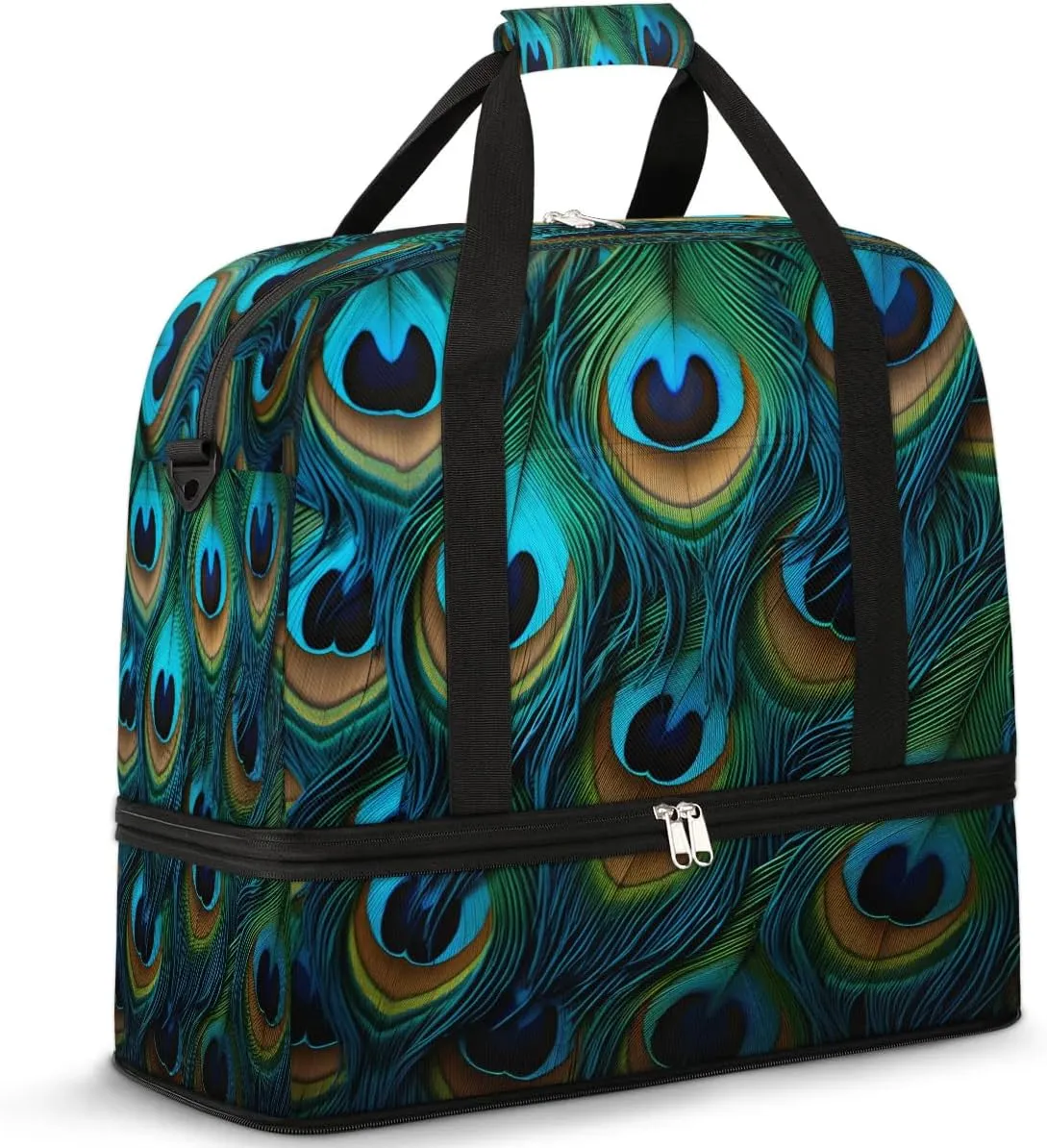 Sports Duffel Bag, Foldable Peacock Feathers Travel Duffel Bag, Gym Yoga Beach Bag Weekender Overnight Bag with Shoes Compartment for Men Women, Beautiful Feathers