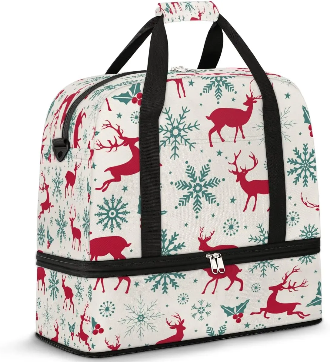 Sports Duffel Bag, Foldable Snowflake Elk Travel Duffel Bag, Gym Yoga Beach Bag Weekender Overnight Bag with Shoes Compartment for Men Women, Christmas
