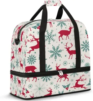 Sports Duffel Bag, Foldable Snowflake Elk Travel Duffel Bag, Gym Yoga Beach Bag Weekender Overnight Bag with Shoes Compartment for Men Women, Christmas