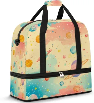 Sports Duffel Bag, Foldable Solar System Travel Duffel Bag, Gym Yoga Beach Bag Weekender Overnight Bag with Shoes Compartment for Men Women, Rainbow Planet