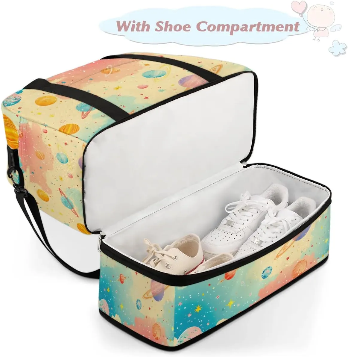 Sports Duffel Bag, Foldable Solar System Travel Duffel Bag, Gym Yoga Beach Bag Weekender Overnight Bag with Shoes Compartment for Men Women, Rainbow Planet