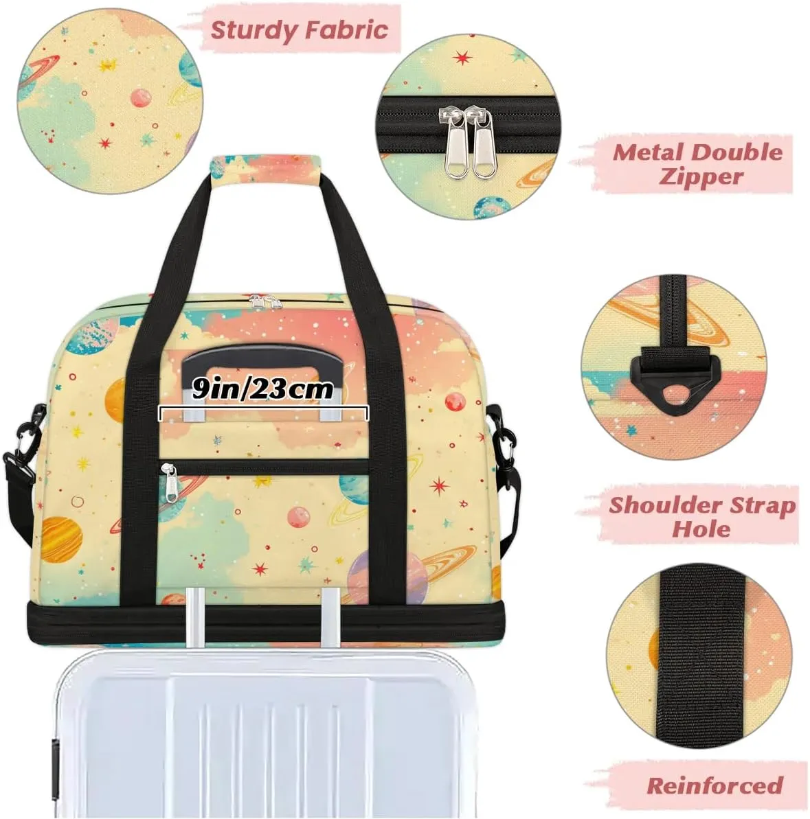 Sports Duffel Bag, Foldable Solar System Travel Duffel Bag, Gym Yoga Beach Bag Weekender Overnight Bag with Shoes Compartment for Men Women, Rainbow Planet