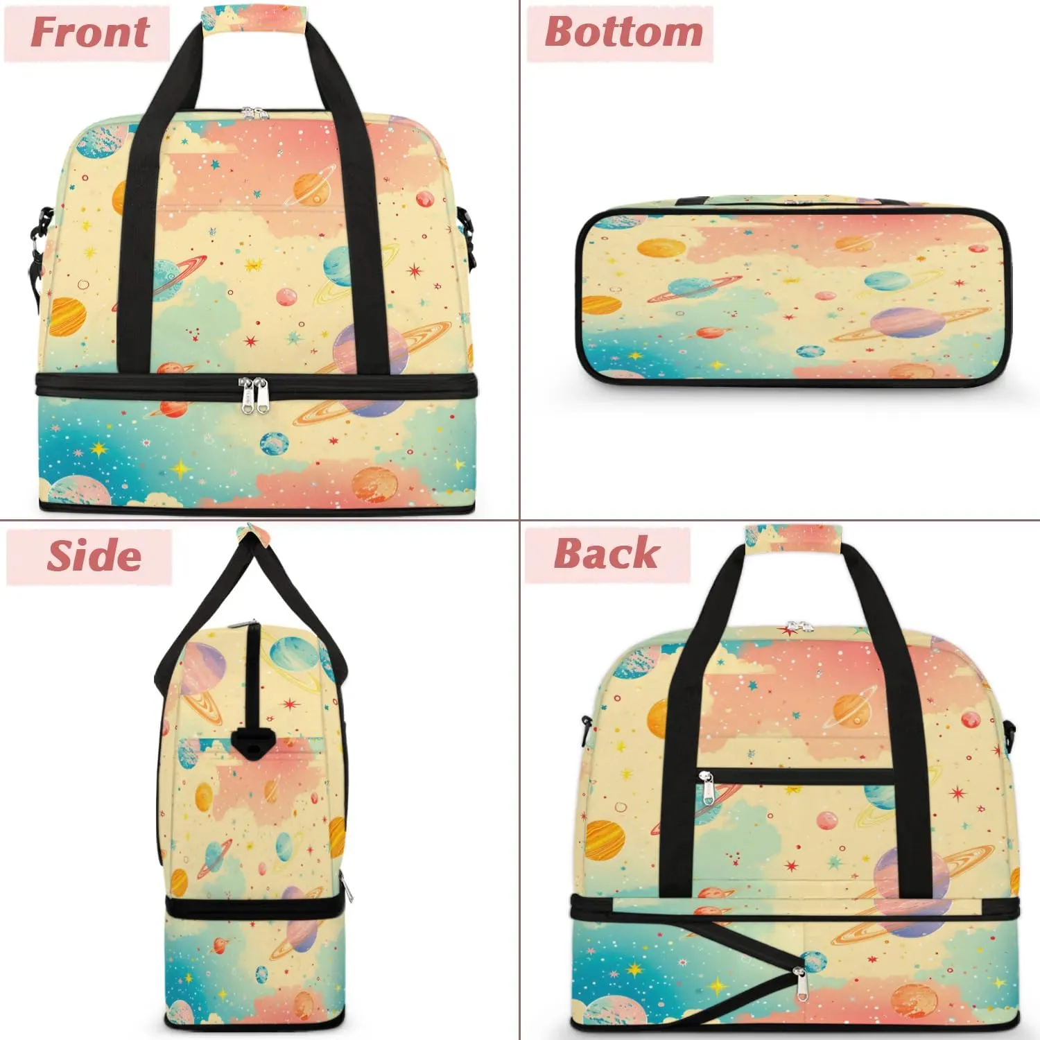 Sports Duffel Bag, Foldable Solar System Travel Duffel Bag, Gym Yoga Beach Bag Weekender Overnight Bag with Shoes Compartment for Men Women, Rainbow Planet