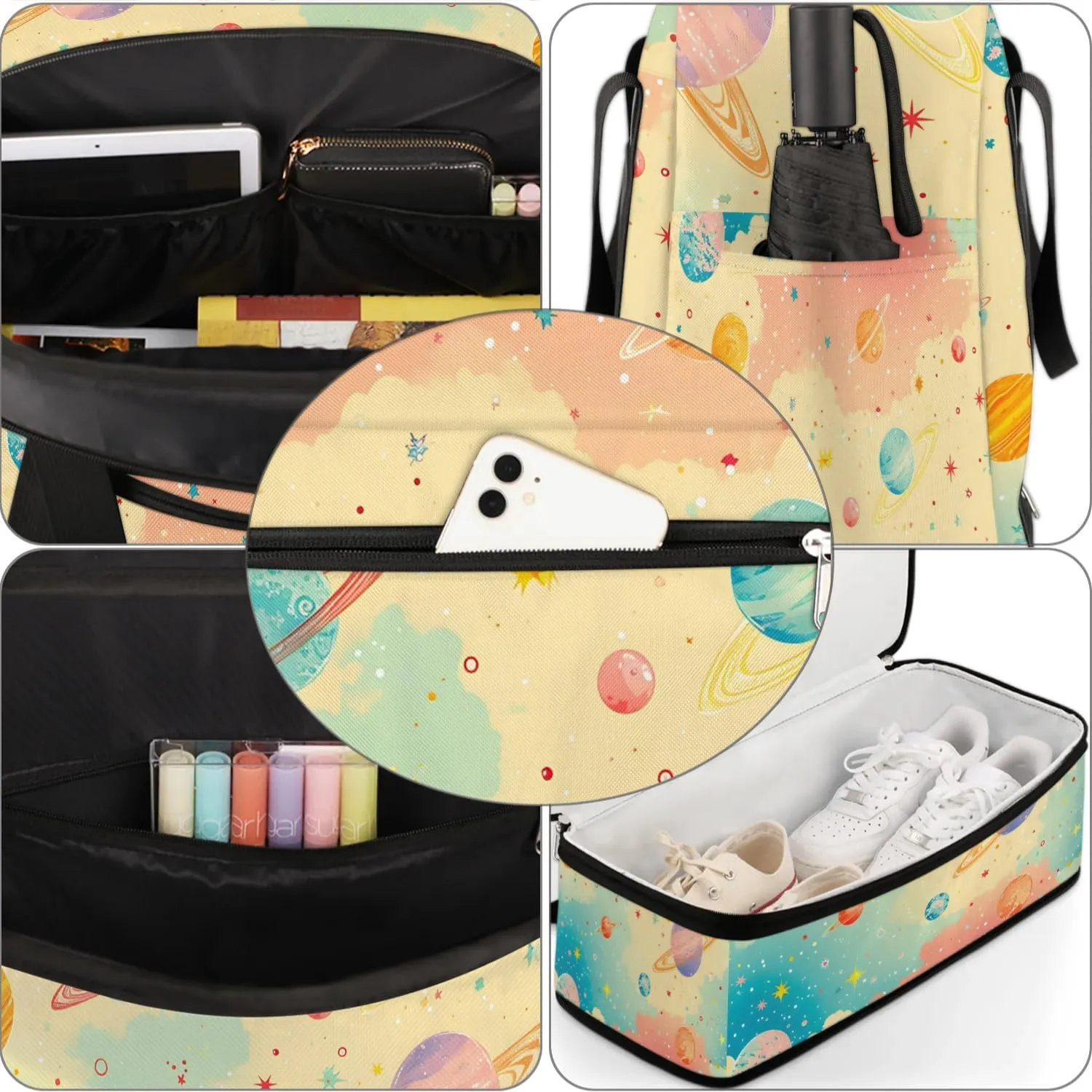 Sports Duffel Bag, Foldable Solar System Travel Duffel Bag, Gym Yoga Beach Bag Weekender Overnight Bag with Shoes Compartment for Men Women, Rainbow Planet