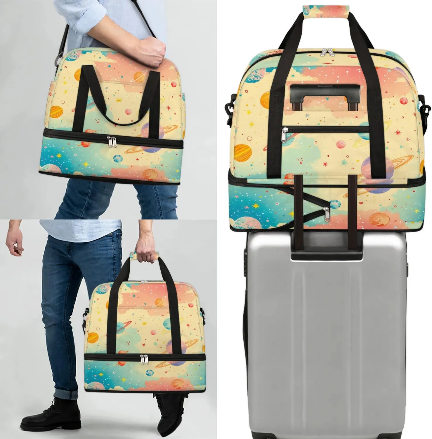 Sports Duffel Bag, Foldable Solar System Travel Duffel Bag, Gym Yoga Beach Bag Weekender Overnight Bag with Shoes Compartment for Men Women, Rainbow Planet