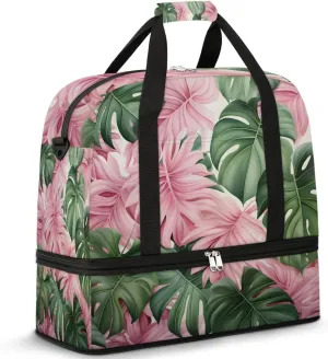 Sports Duffel Bag, Foldable Tropical Leaves Travel Duffel Bag, Gym Yoga Beach Bag Weekender Overnight Bag with Shoes Compartment for Men Women, Palm Leaves