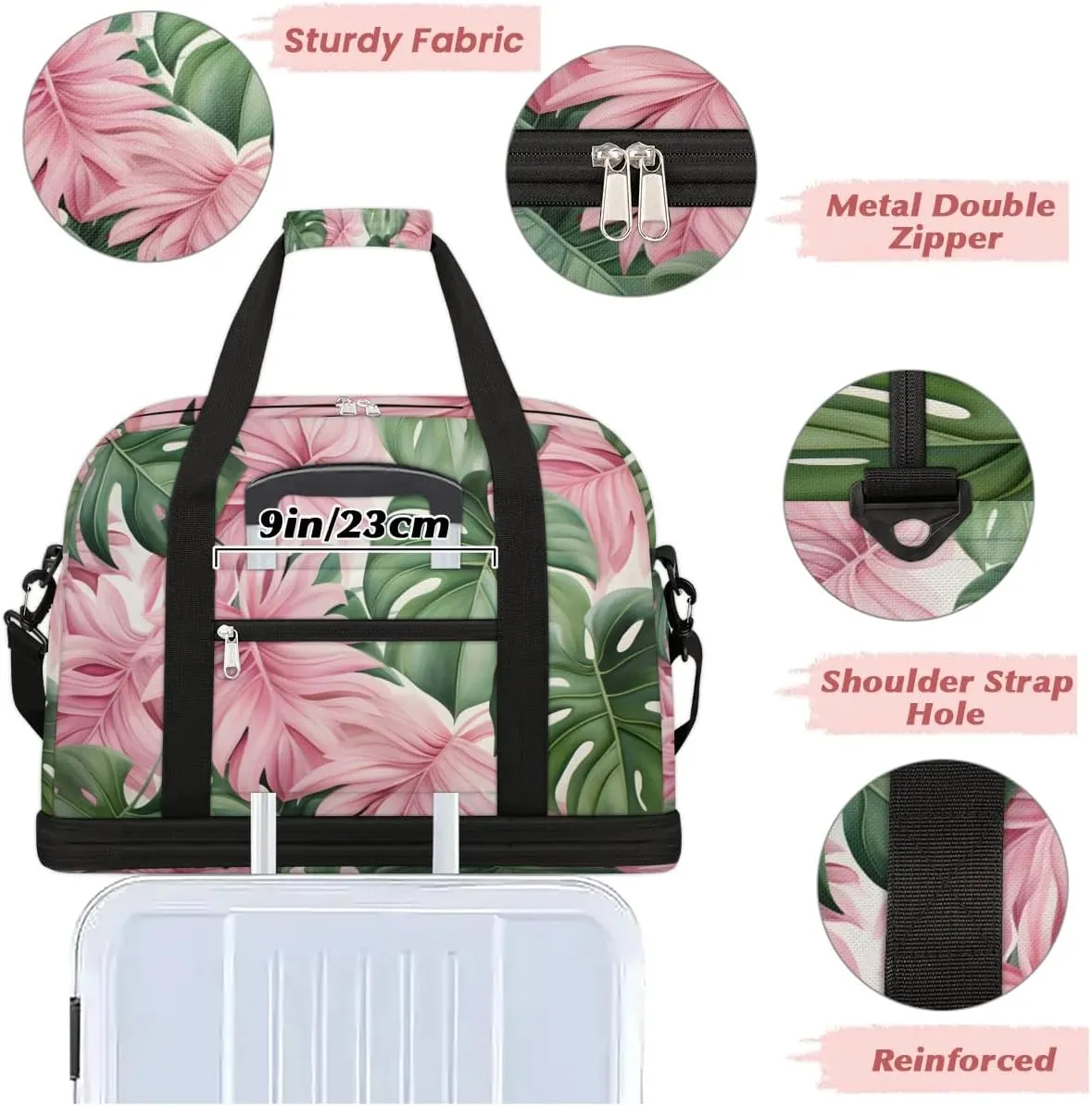 Sports Duffel Bag, Foldable Tropical Leaves Travel Duffel Bag, Gym Yoga Beach Bag Weekender Overnight Bag with Shoes Compartment for Men Women, Palm Leaves