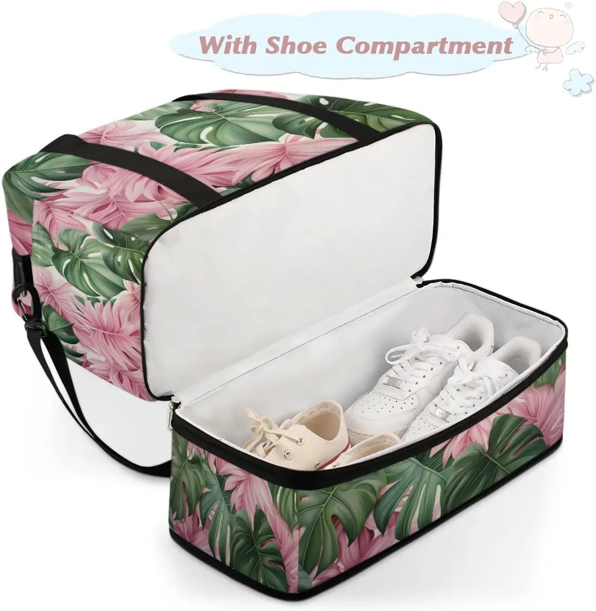 Sports Duffel Bag, Foldable Tropical Leaves Travel Duffel Bag, Gym Yoga Beach Bag Weekender Overnight Bag with Shoes Compartment for Men Women, Palm Leaves