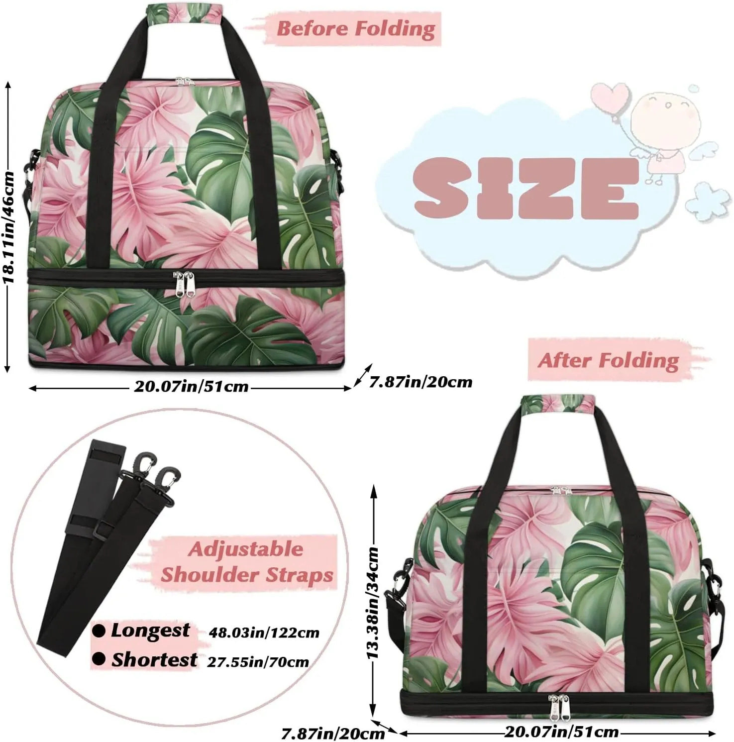 Sports Duffel Bag, Foldable Tropical Leaves Travel Duffel Bag, Gym Yoga Beach Bag Weekender Overnight Bag with Shoes Compartment for Men Women, Palm Leaves