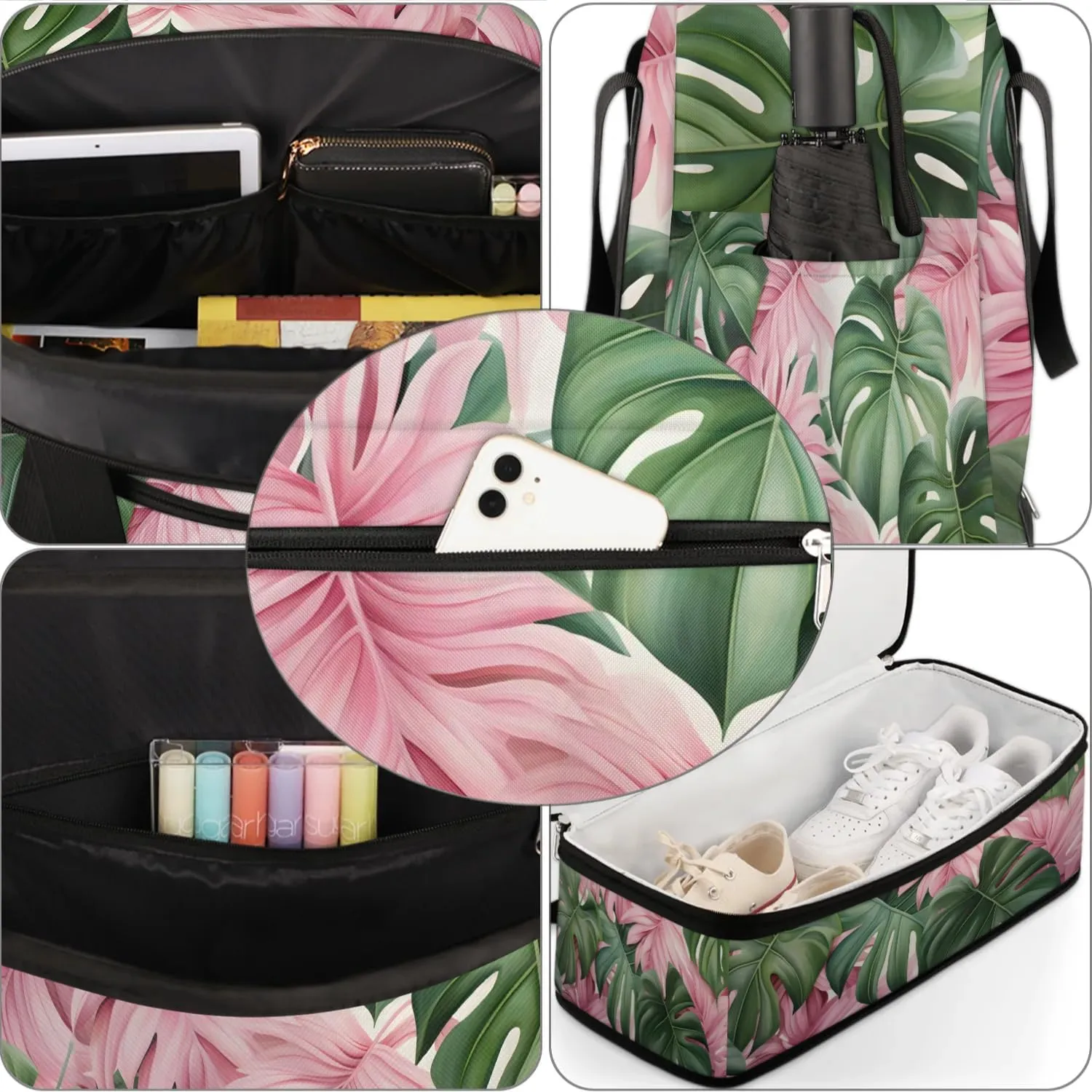 Sports Duffel Bag, Foldable Tropical Leaves Travel Duffel Bag, Gym Yoga Beach Bag Weekender Overnight Bag with Shoes Compartment for Men Women, Palm Leaves