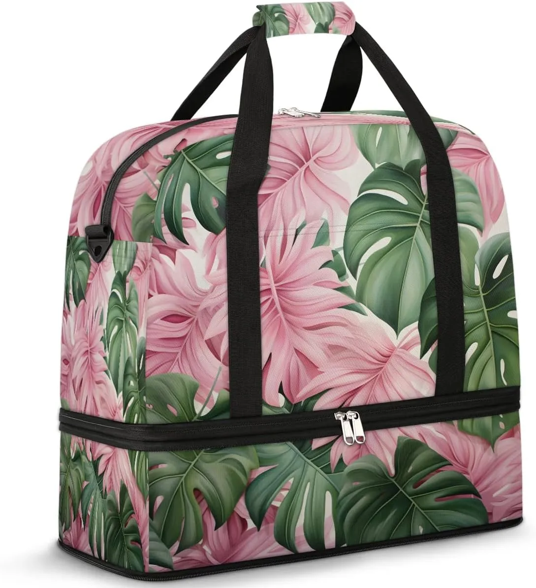 Sports Duffel Bag, Foldable Tropical Leaves Travel Duffel Bag, Gym Yoga Beach Bag Weekender Overnight Bag with Shoes Compartment for Men Women, Palm Leaves