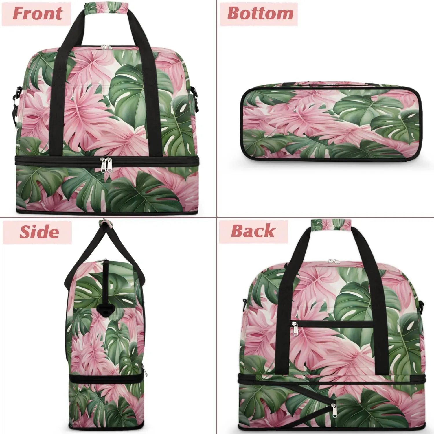Sports Duffel Bag, Foldable Tropical Leaves Travel Duffel Bag, Gym Yoga Beach Bag Weekender Overnight Bag with Shoes Compartment for Men Women, Palm Leaves