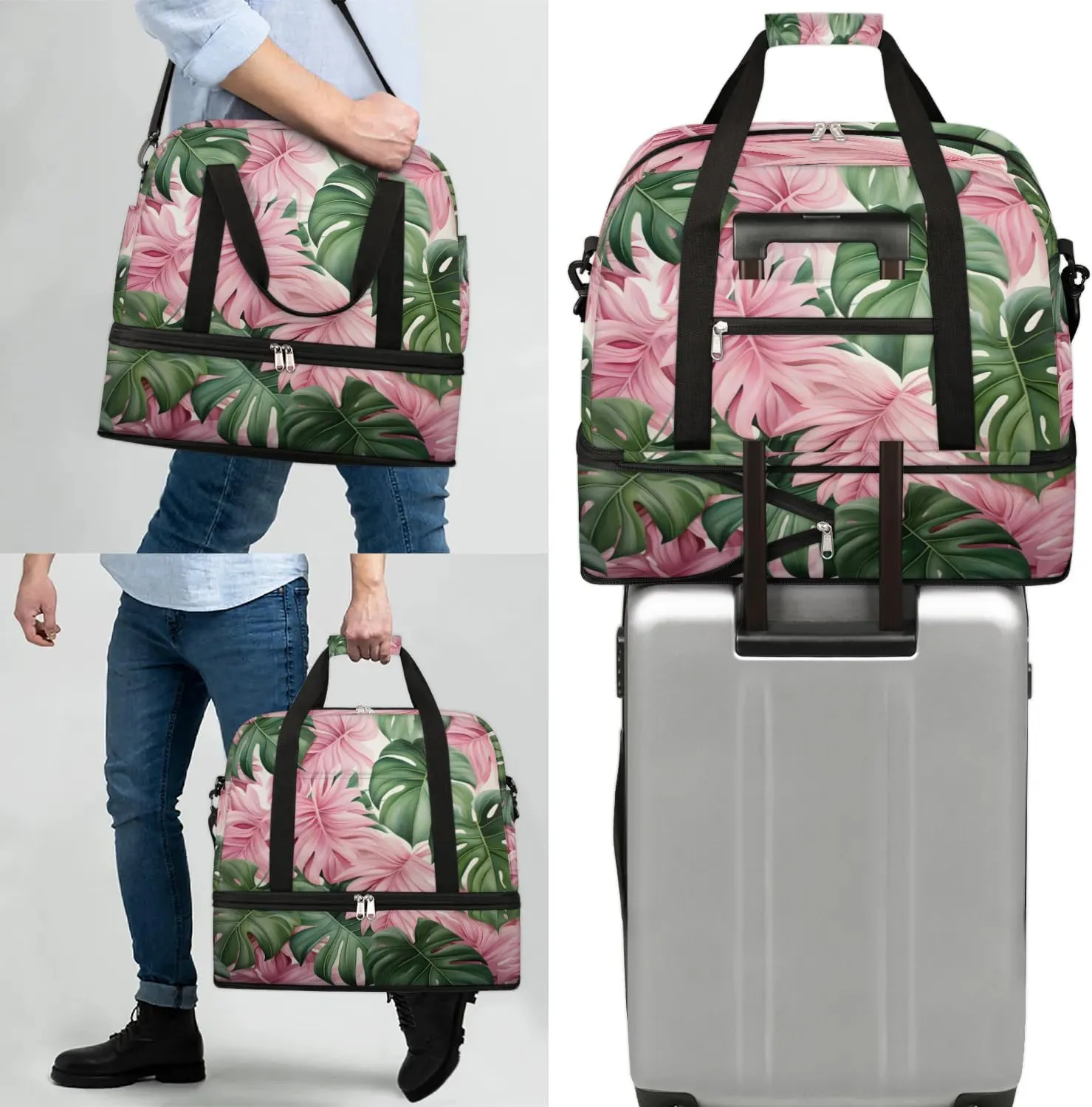 Sports Duffel Bag, Foldable Tropical Leaves Travel Duffel Bag, Gym Yoga Beach Bag Weekender Overnight Bag with Shoes Compartment for Men Women, Palm Leaves