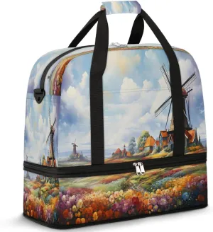 Sports Duffel Bag, Foldable Windmill Travel Duffel Bag, Gym Yoga Beach Bag Weekender Overnight Bag with Shoes Compartment for Men Women, Garden