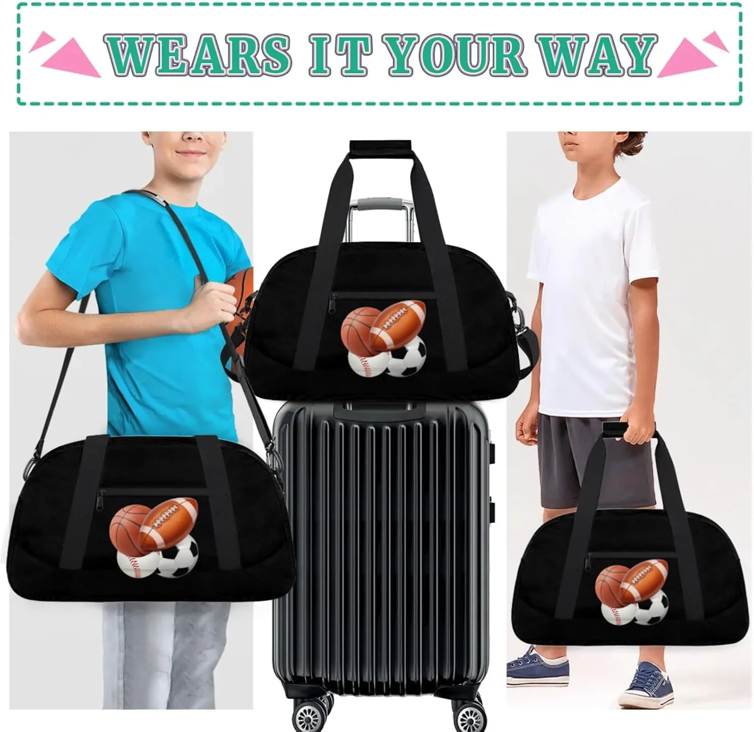 Sports Football Basketball Baseball Soccer Duffel Bag Boys, Gymnastics Sport Gym Training Duffel Sportsman Bag Men, Solid Black Background