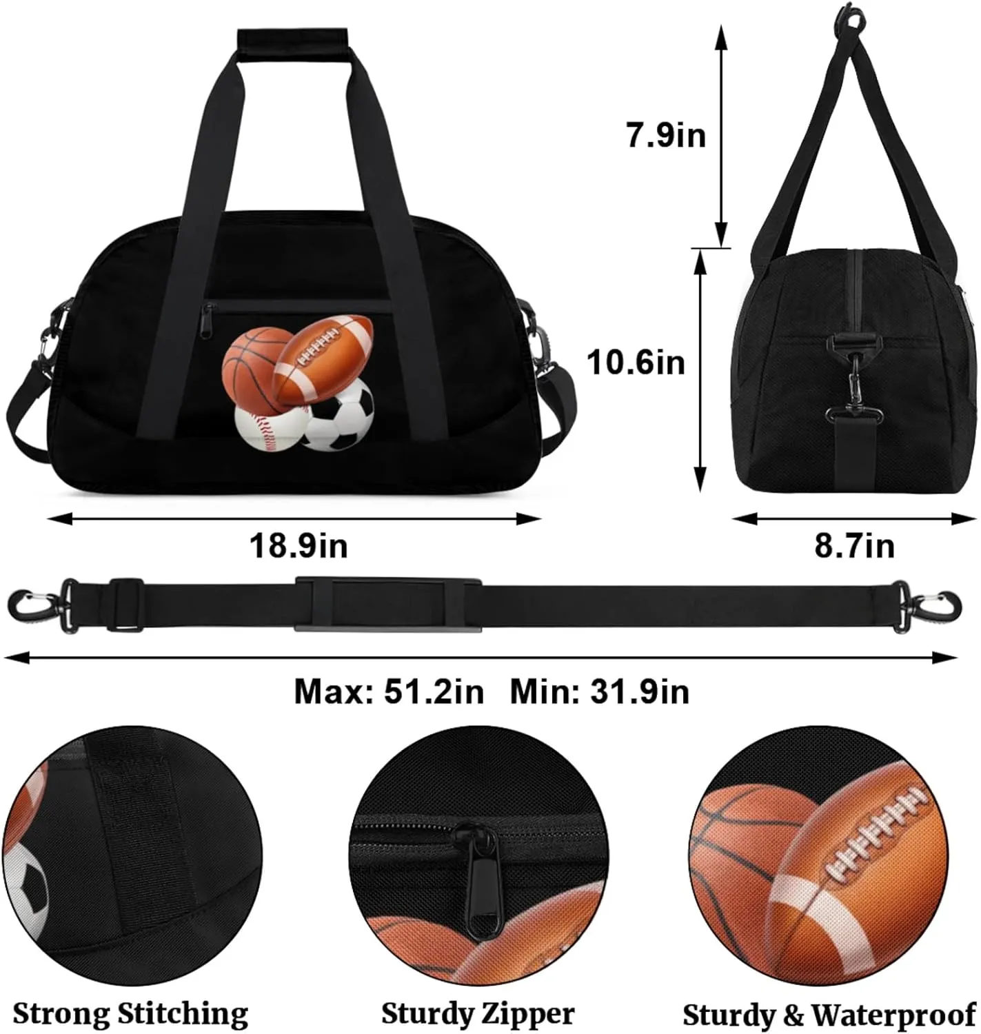 Sports Football Basketball Baseball Soccer Duffel Bag Boys, Gymnastics Sport Gym Training Duffel Sportsman Bag Men, Solid Black Background