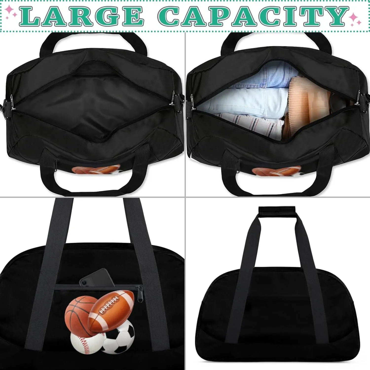 Sports Football Basketball Baseball Soccer Duffel Bag Boys, Gymnastics Sport Gym Training Duffel Sportsman Bag Men, Solid Black Background