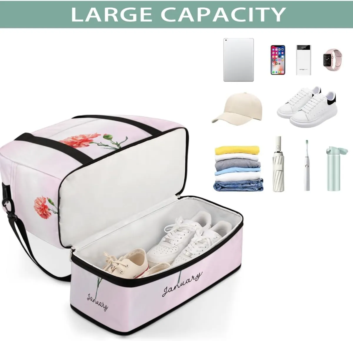 Sports Gym Bag Flower Floral ，47 Large Travel Duffel Bag With Shoe Compartment Foldable Waterproof Carry-On Weekend Travel Bags for Camping Overnight Yoga Hospital Travel Bags