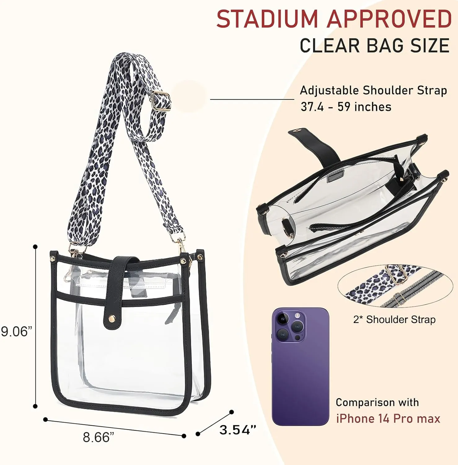 Stadium Clear Bag - Women's Crossbody Tote with Guitar Strap for Concerts