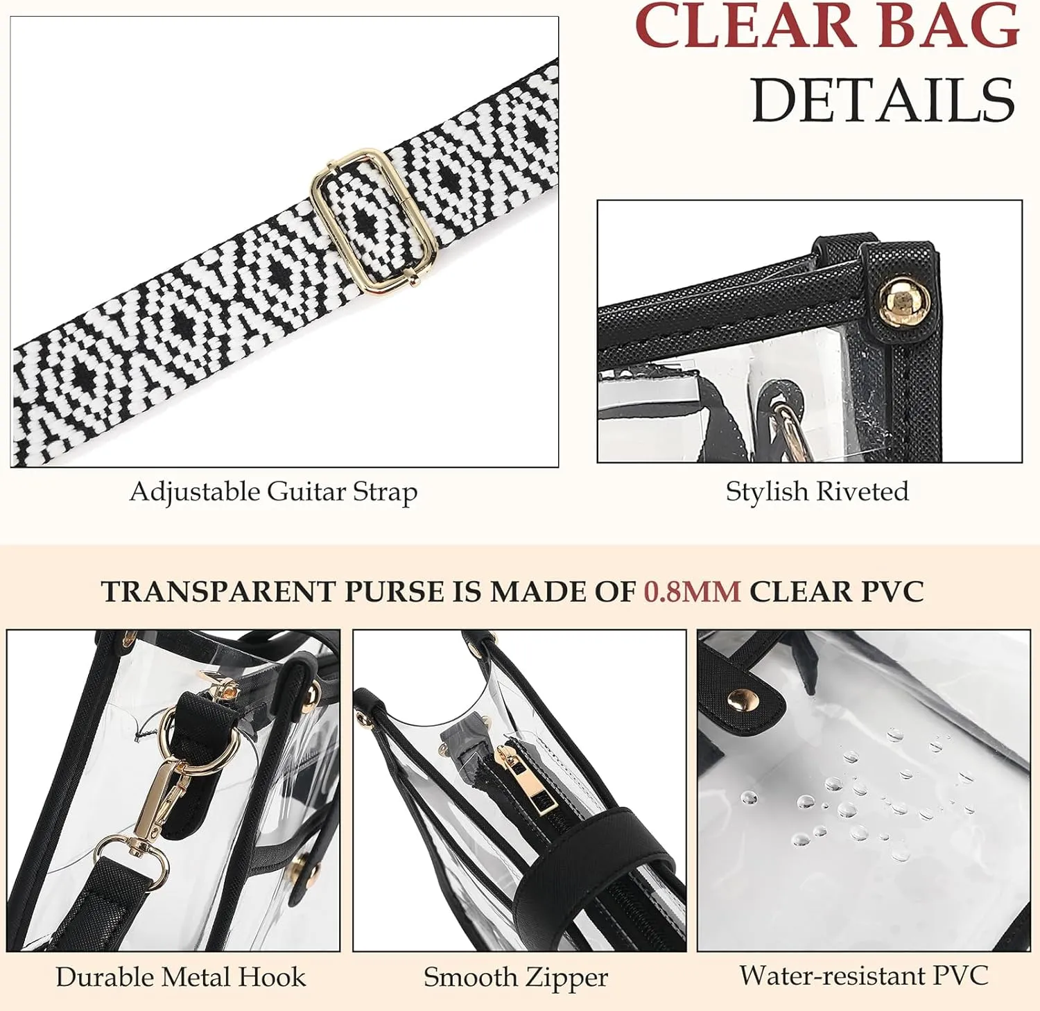 Stadium Clear Bag - Women's Crossbody Tote with Guitar Strap for Concerts