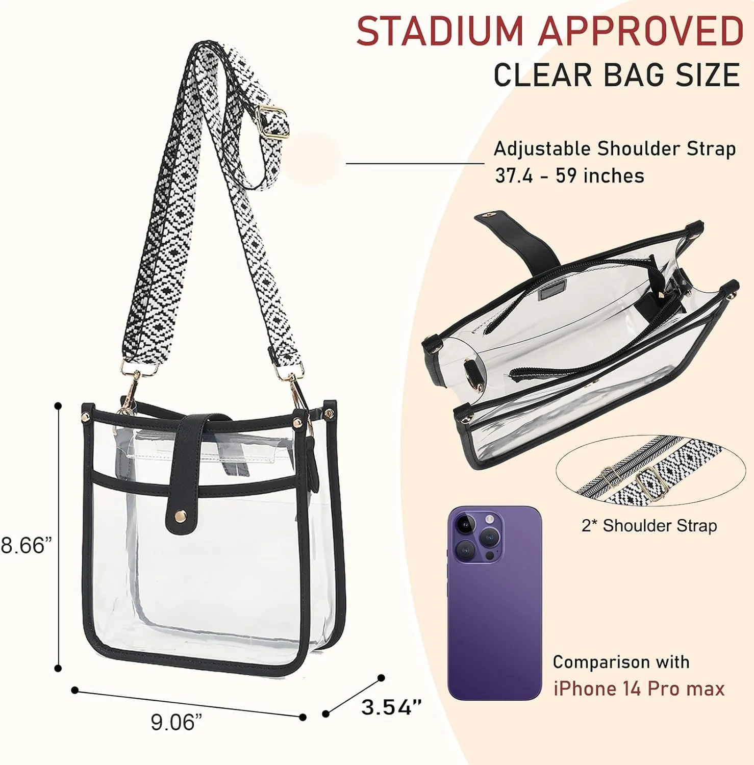 Stadium Clear Bag - Women's Crossbody Tote with Guitar Strap for Concerts