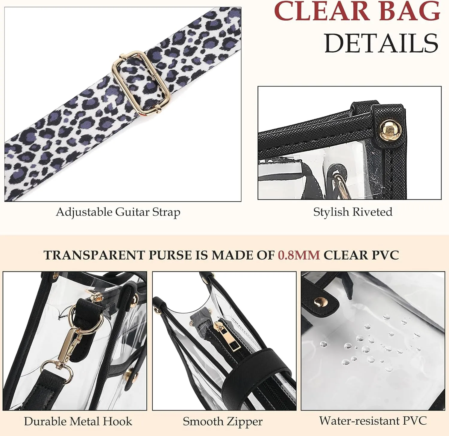 Stadium Clear Bag - Women's Crossbody Tote with Guitar Strap for Concerts