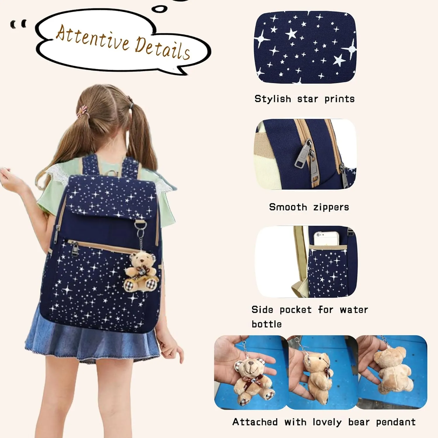 Star Print Girls Backpacks Set for School, School Bags Backpack Bookbags for Teens Girls, with Crossbody Bag, 3 Pieces