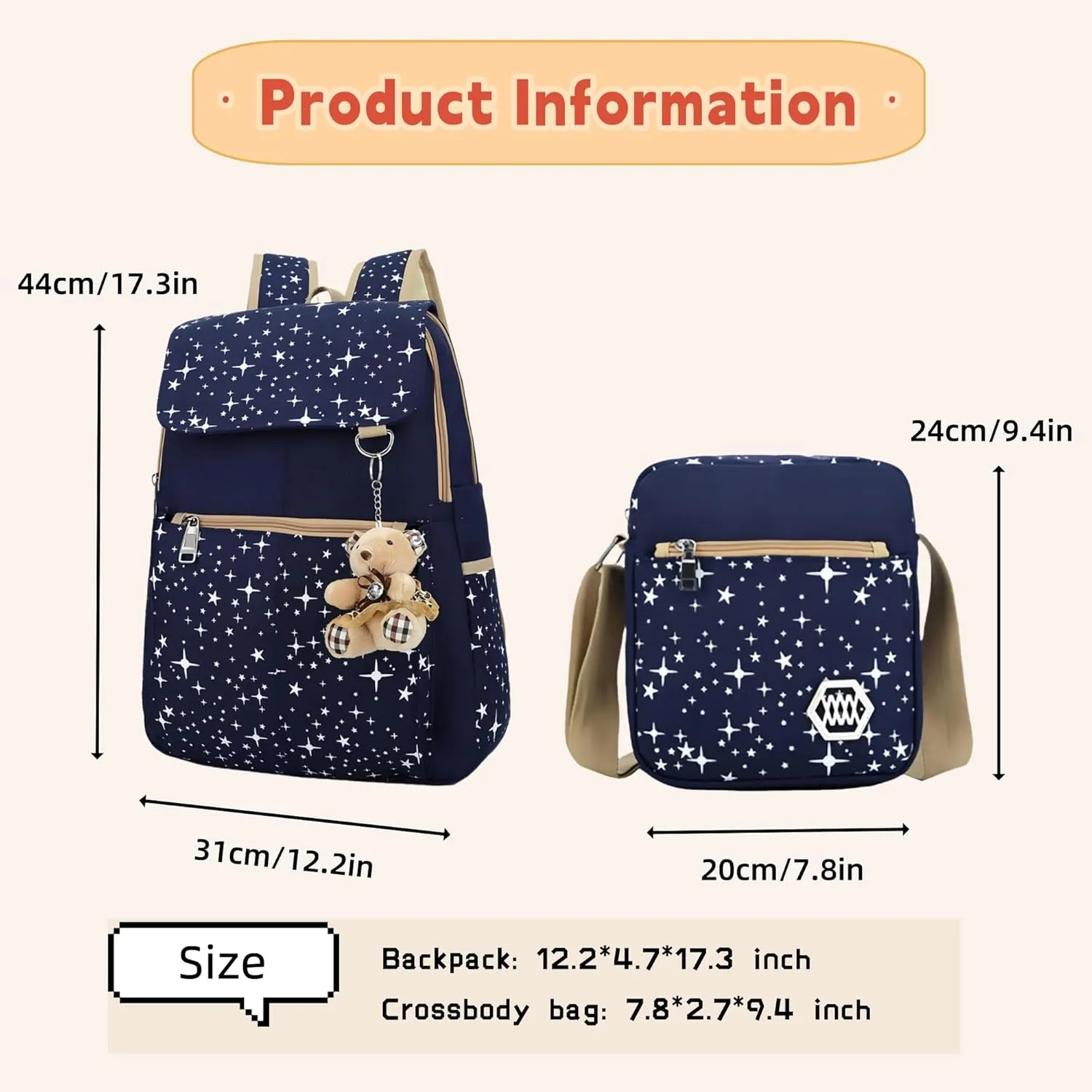 Star Print Girls Backpacks Set for School, School Bags Backpack Bookbags for Teens Girls, with Crossbody Bag, 3 Pieces